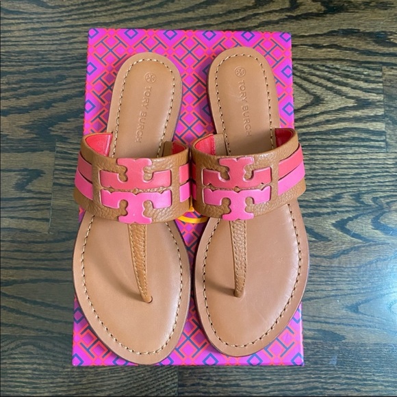 *SOLD* TORY BURCH Leigh Calf Leather Thong Flats Sandals BROWN PINK SIZE 7 NIB - Picture 2 of 7